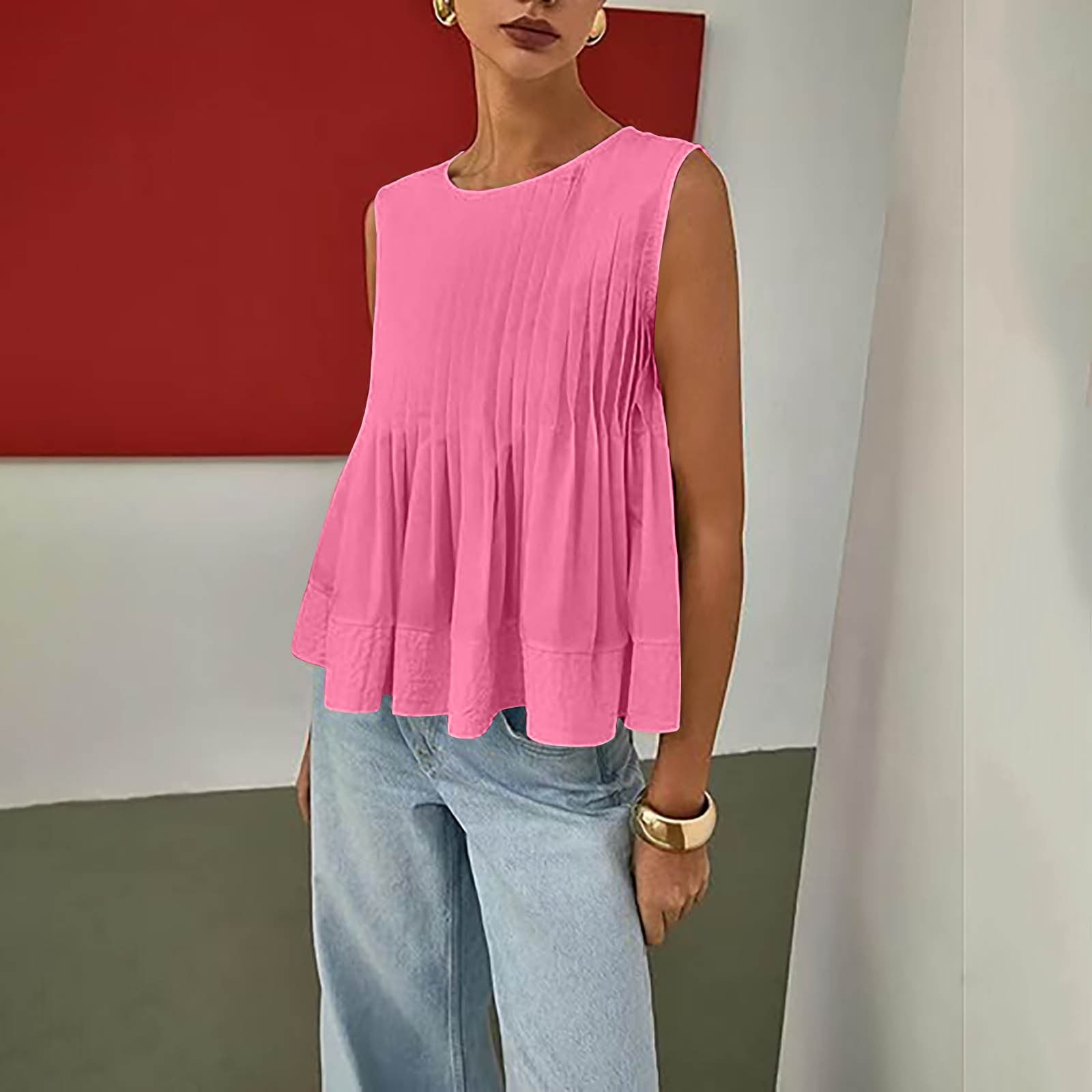 Womens Summer Pleated Peplum Sleeveless Solid Blouse Tank Tops Round Neck Y4K Babydoll Blouse Cotton Shirt