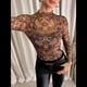 thumbnail image 4 of Blusa de Larga con Encaje de para Mujer, Transparente, con Cuello Alto, Ideal para Fiestas y Clubes Nocturnos Café XXL, 4 of 10