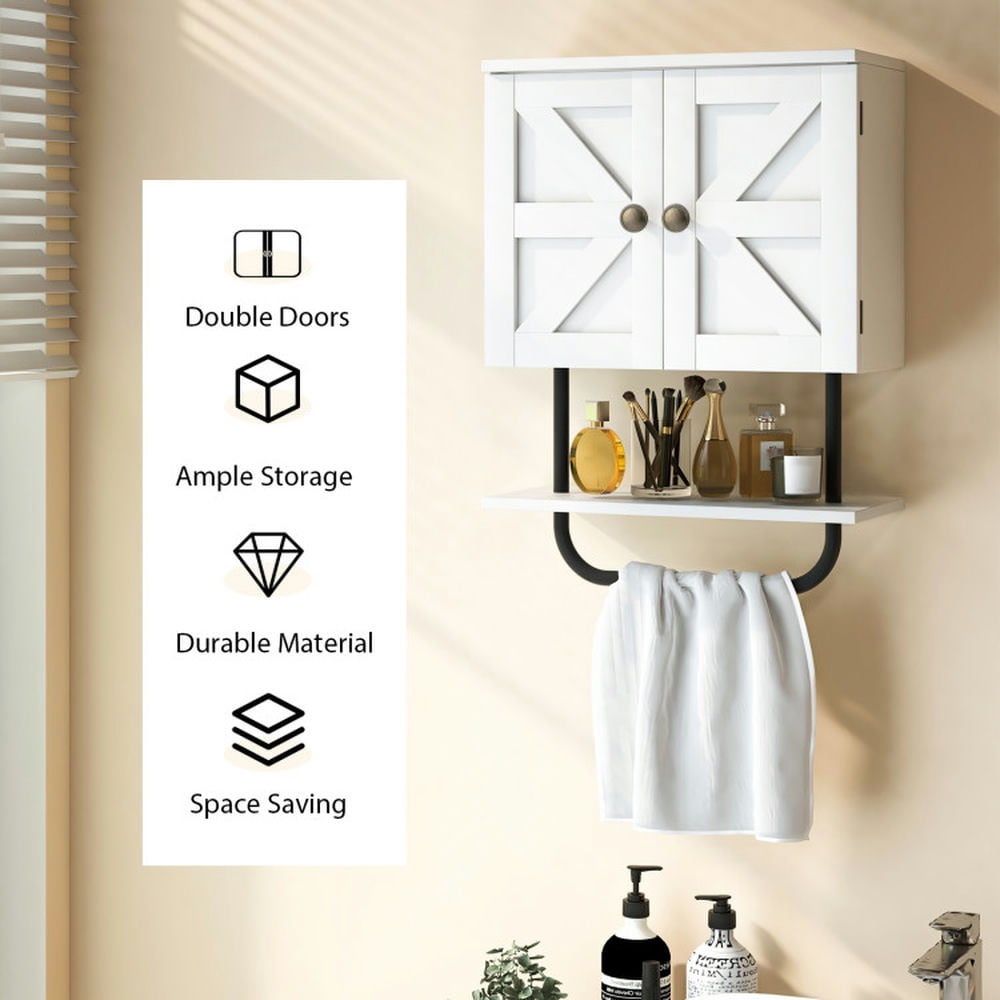Finihen Wall Cabinet, Wall Mounted Bathroom Cabinet, Medicine Cabinet, 2-Door Bathroom Wall-Mounted Medicine Cabinet with Open Shelf and Towel Rack, for Bathroom, White