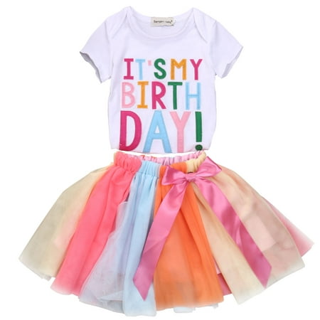 

Baby Girls Dress Summer Short Sleeve O-Neck Pullover T- Shirt Tops Mesh Bow Colorful Rainbow Skirts Kids Dresses Dance Party Tutu Skirt
