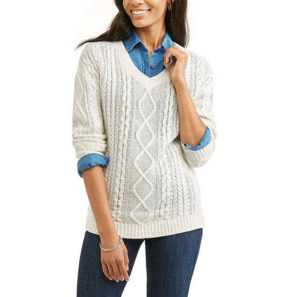 Faded Glory - Women's Cable Knit V-Neck Tunic Sweater ...