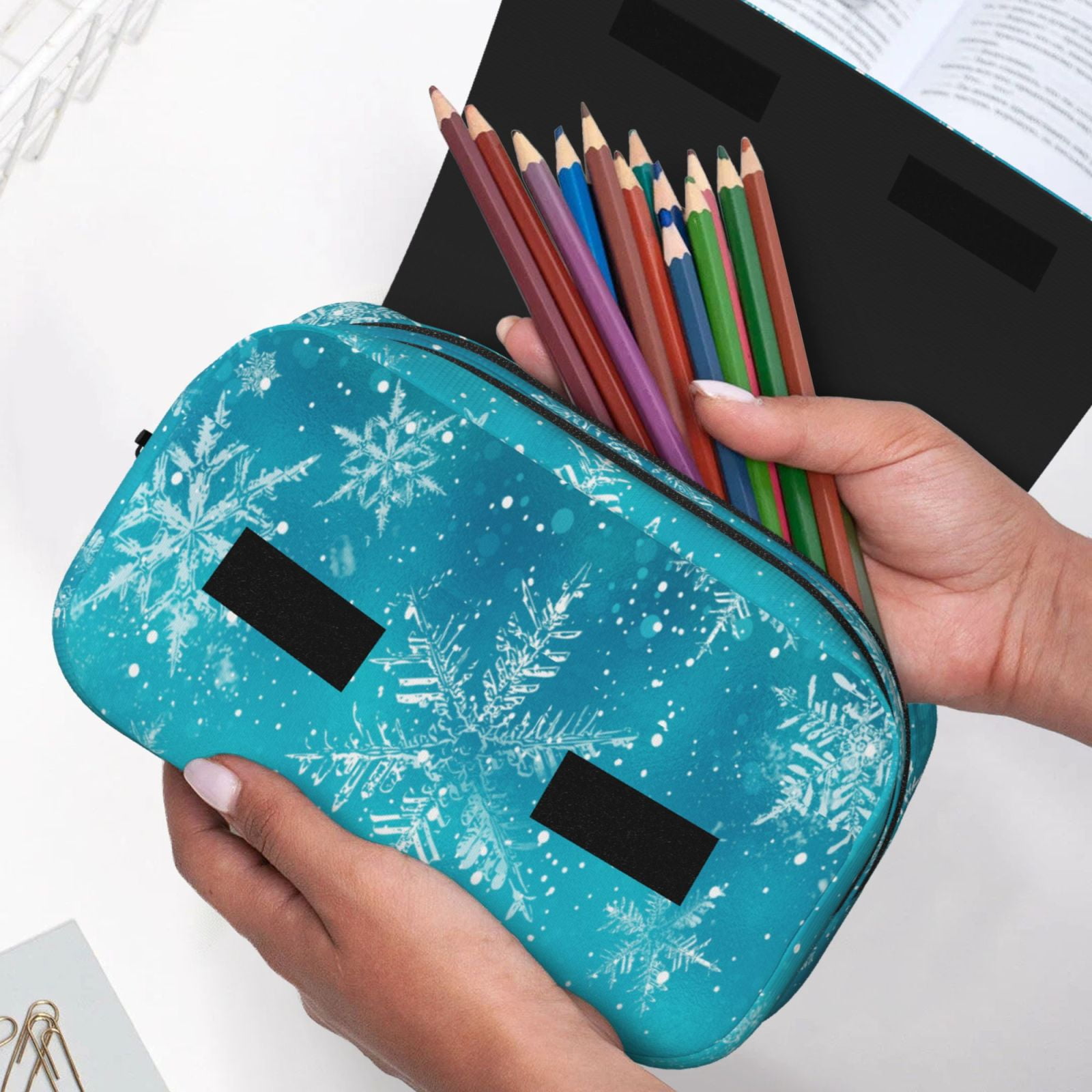 Rateoe Christmas Snow Pattern Double Clamshell Pen Case, Storage Organizer with Two Zipper Compartments– Holds Up to 50 Pencils & Pens