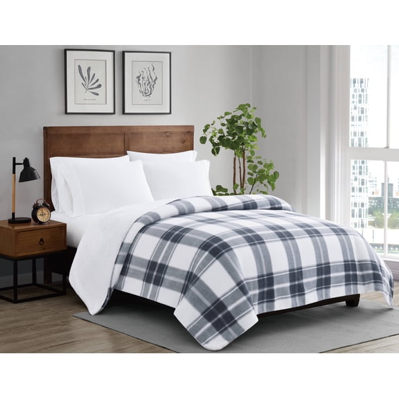 Cannon Cozy Teddy Blue and Cream Polyester 1-Piece Twin XL Blanket, plaid themed, for Men and Women, OEKO-TEX Certified Confidence