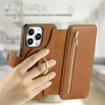 thumbnail image 5 of 2 in 1 Wallet Case for Apple iPhone 15 Pro, Detachable Magnetic Back Cover Cards Slots Zipper Pocket Ring Holder Magnetic Closure Protective Drop Proof Case Cover for iPhone 15 Pro, Brown, 5 of 11