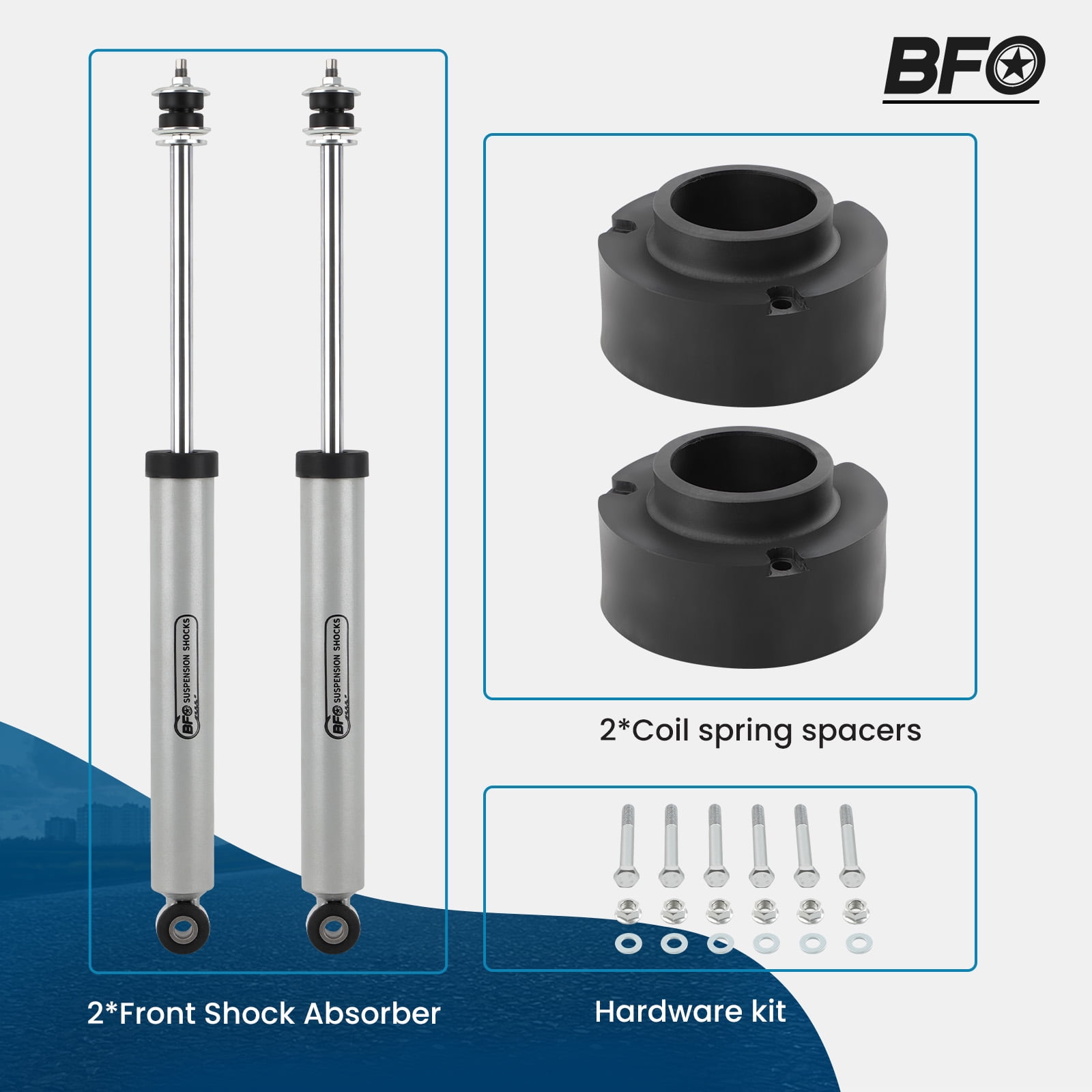 BFO 2.5" Front Lift Kit for Dodge Ram 1500 2500 3500 4WD 1994-2013, Suspension Coil Spacers + High-Pressure Nitrogen Shock Absorbers