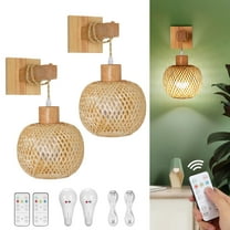 Glitnous Set of 2 Battery Operated Wall Sconce with Remote Control, Rechargeable Rattan Wall Sconces with Bulb, Wireless Woven Bamboo Lantern Wall Light Boho Wall Lamp for Bedroom Living Room Hallway