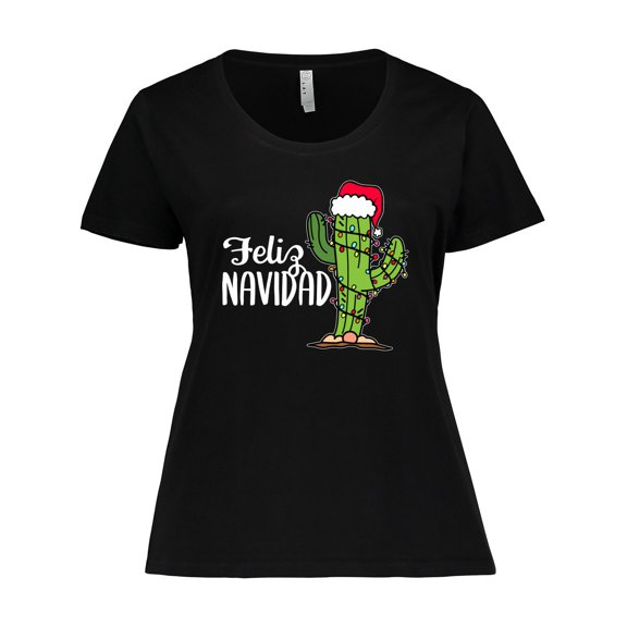 Inktastic Feliz Navidad Christmas Cactus in Santa Hat Women's Plus Size T-Shirt