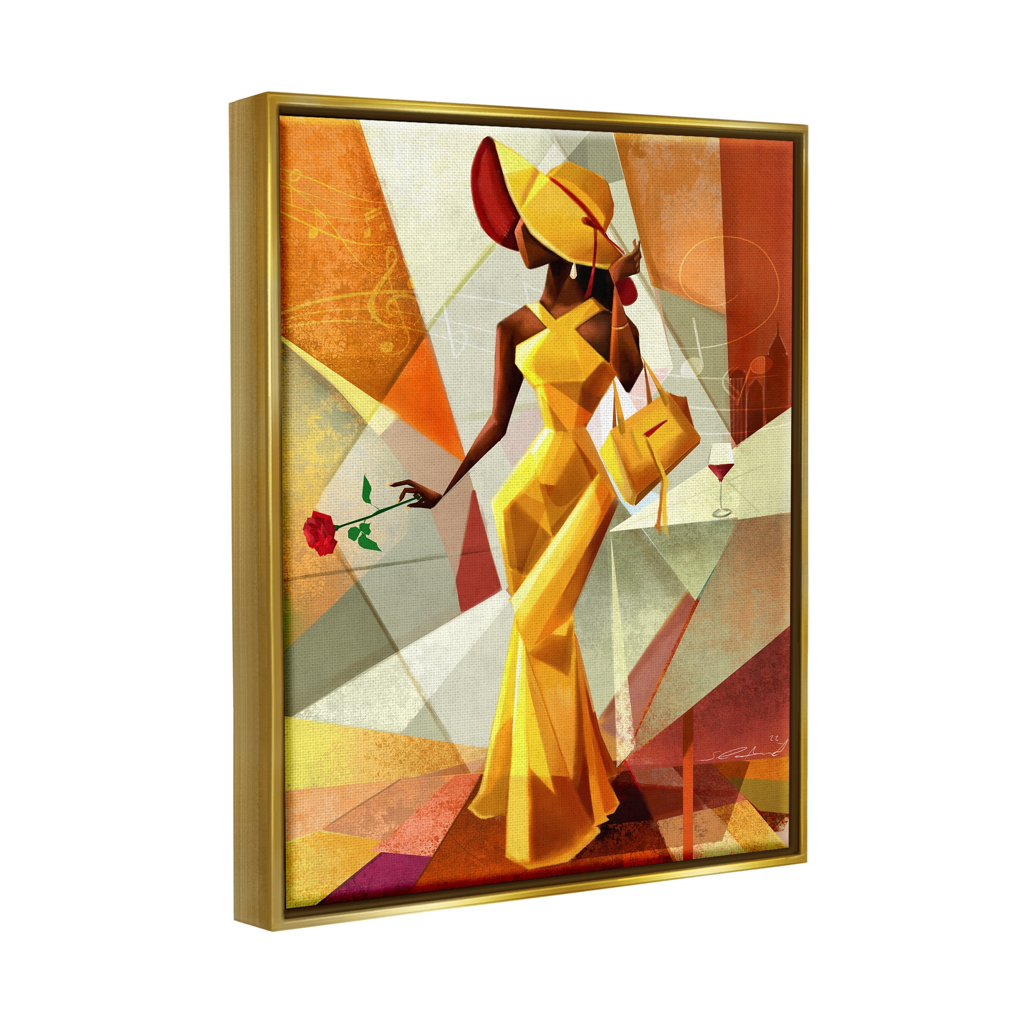 Stupell Industries Modern Cubist Fashion Girl Abstract Painting Gold Floater Framed Art Print Wall Art, 25 x 31