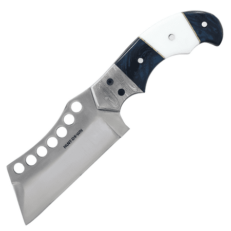 Hunt-Down 9 Full Tang Handmade Tactical Fixed Blade Hunting Cleaver Knife Blue & White Resin Handle with Leather Sheath