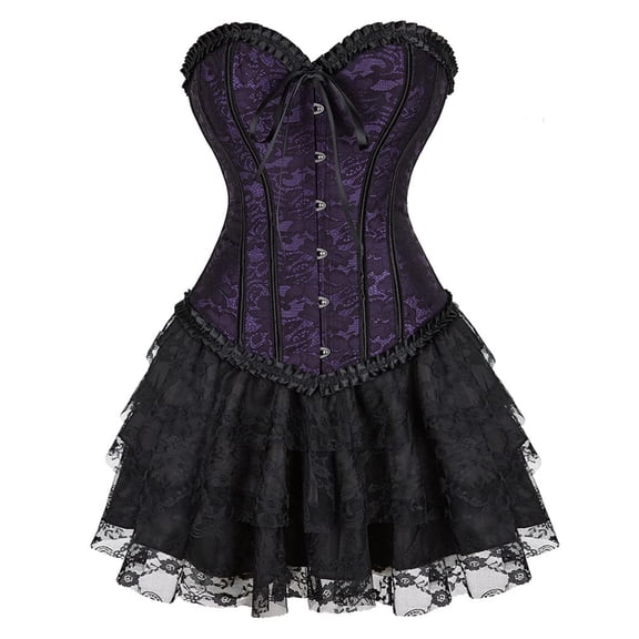 Grebrafan Women Renaissance Boned Purple Corset and Black Lace Skirt Set 2XL
