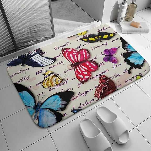 Bath Rug Bathroom Mat Non-Slip Water Absorbent Coral Velvet Shower Rug Machine Washable Memory Foam,Butterflies Exotic Butterfly White 16x24 Inch