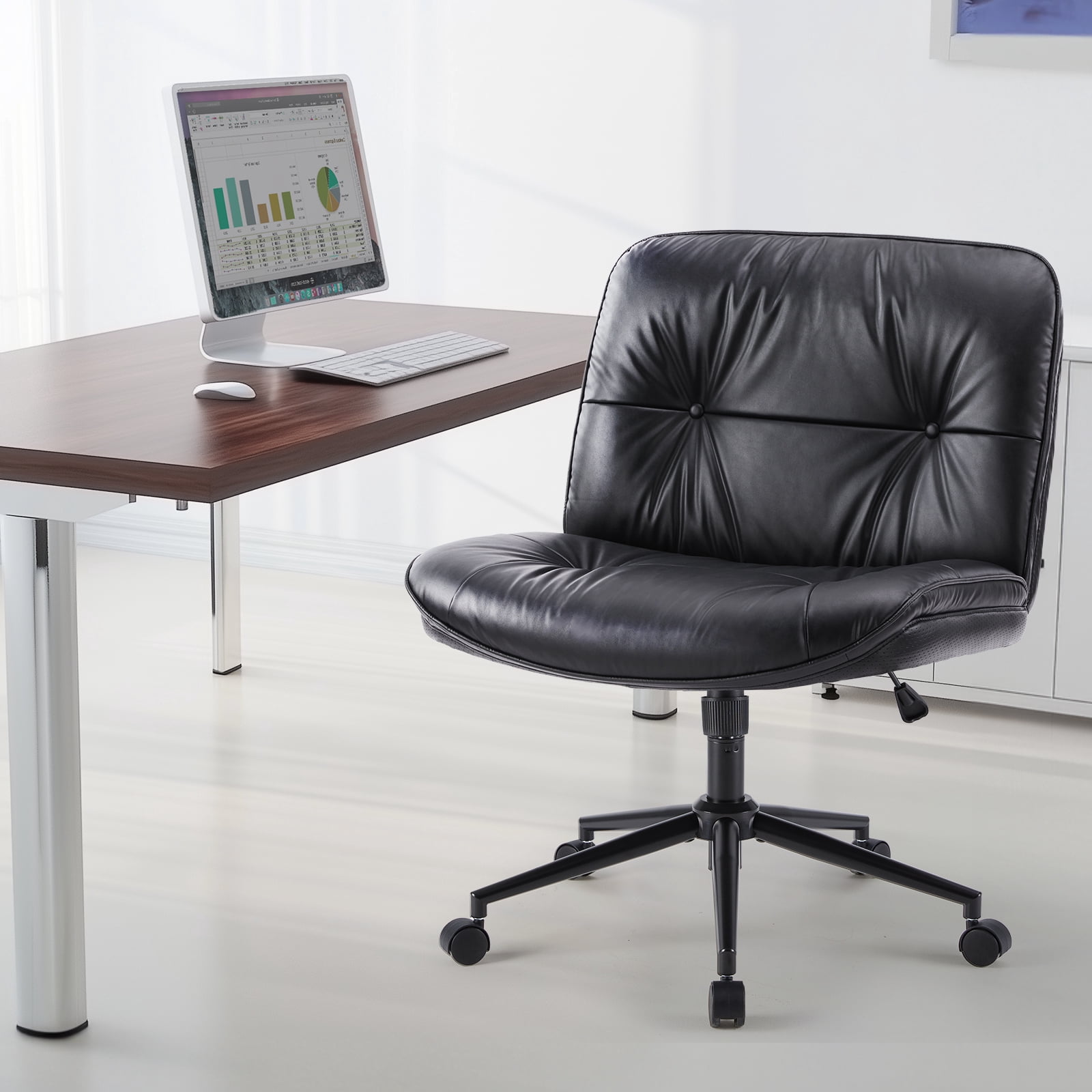 CONCETTA Cross Legged Armless Office Chair, 26.8" Wide PU Leather Seat, Adjustable Swivel Vanity Desk Chair with Rocking Function, Khaki Gray