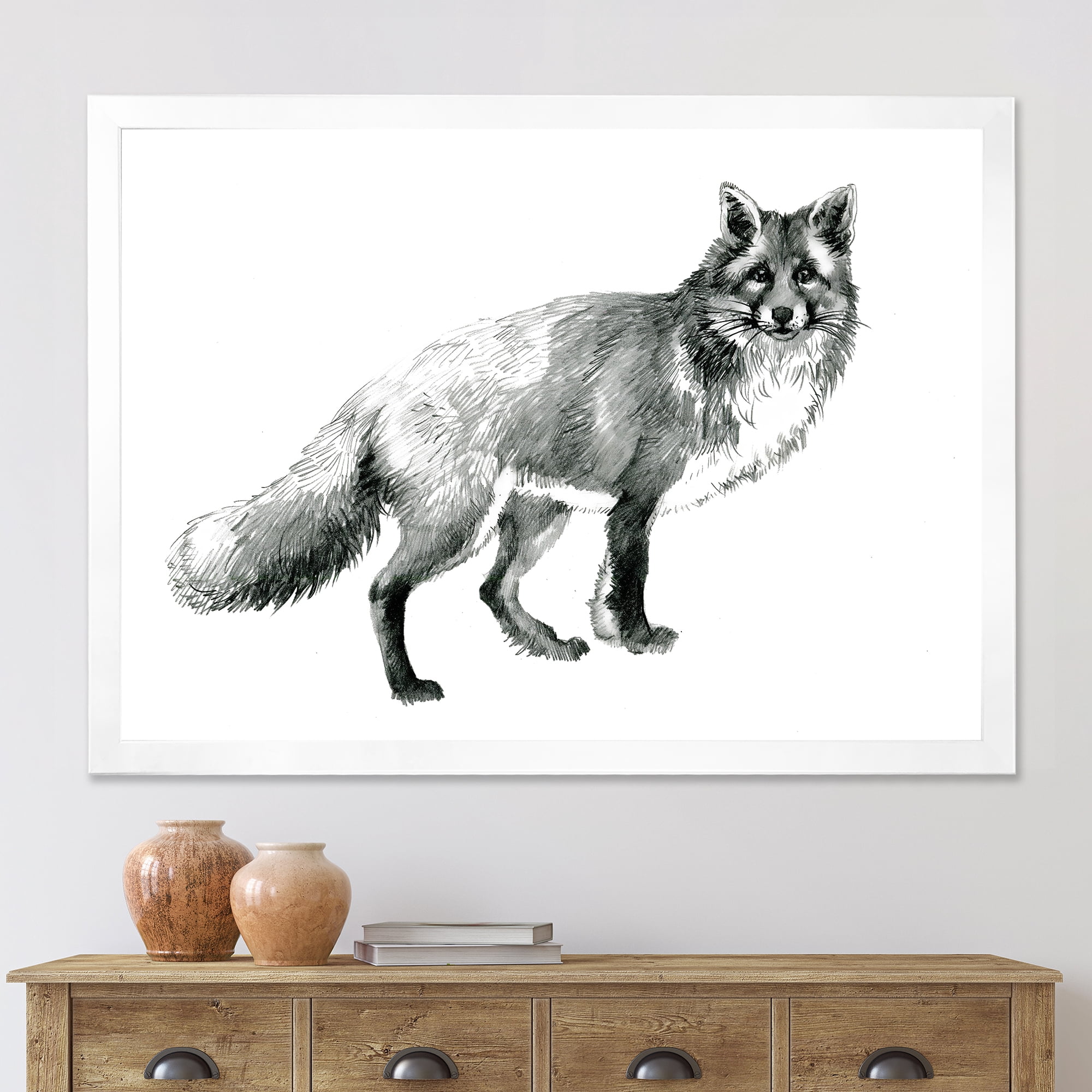 Designart 'Black and White Portrait Fox' Farmhouse Framed Art Print