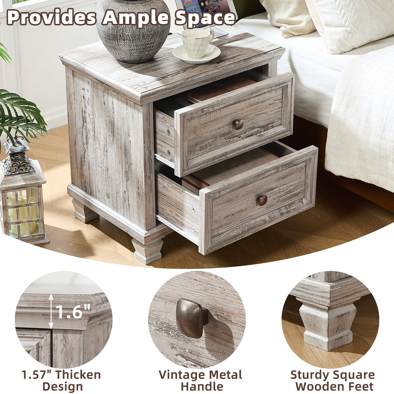 Buildhom 2pc Farmhouse Nightstand with Charging Station, 2-Drawer Rustic End Table with Solid Wood Legs for Bedroom, Grey'