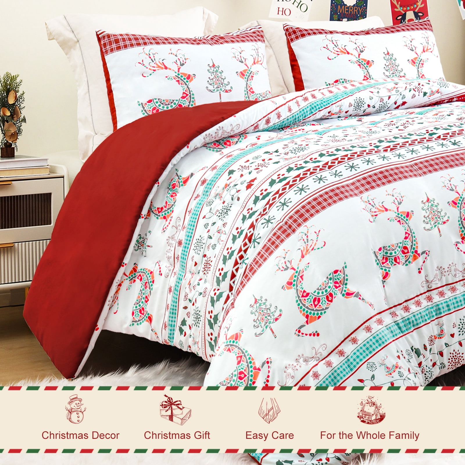 Exclusivo Mezcla Christmas Twin Size Comforter Set, 2 Pieces Reversible Rust Red Striped Bedding Comforters, Printed Flowers Reindeer Pattern