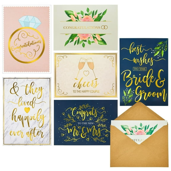 Juvale Wedding Cards Pack - Gold Foil Designs & Gilded Envelopes as Wedding Gifts for Newlyweds - Blank Engagement Card Interiors - 5 x 7 in, Pack of 24, Multicolor