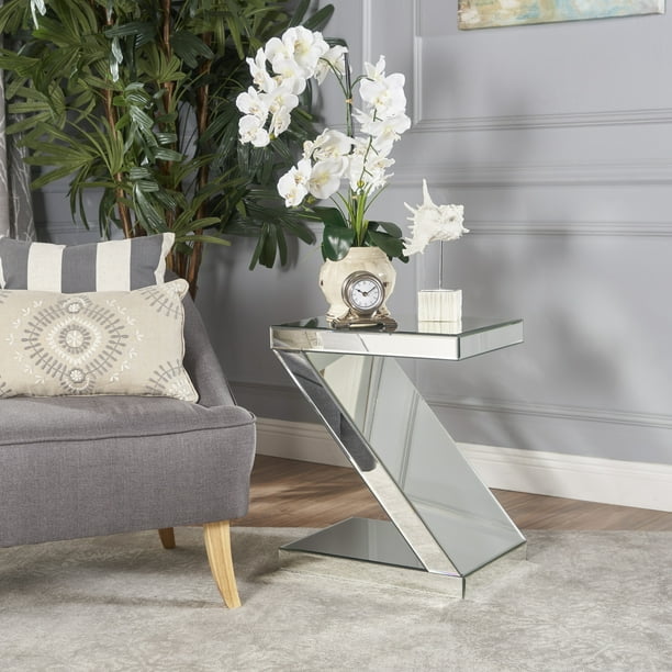 Adu Mirrored Z Shaped Side Table, Crafted Mirror Pedestal Table