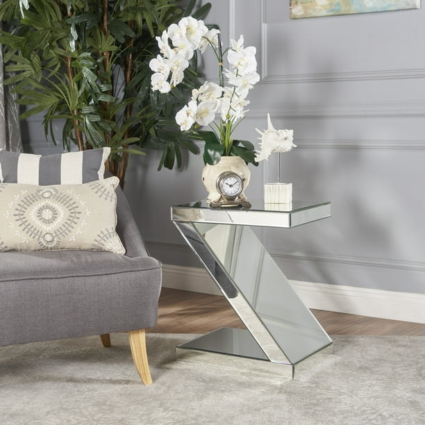 Adu Mirrored Z Shaped Side Table Com Adu Mirrored Z Shaped Side Table, Crafted Mirror Pedestal Table