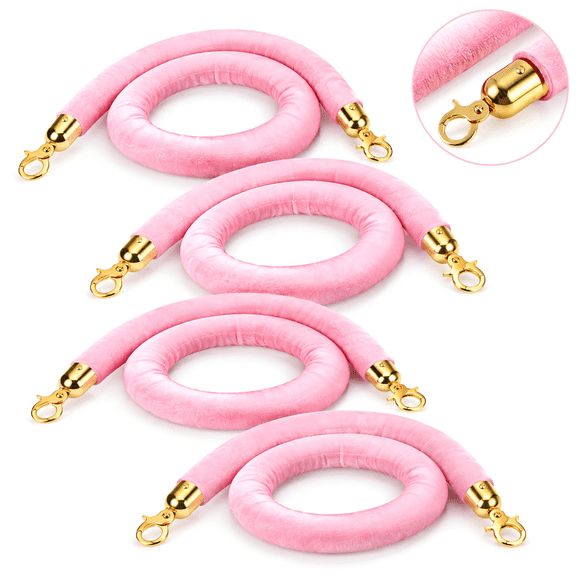 4 Pcs Velvet Rope Barrier, 5 Ft Pink Velvet Stanchion Rope With Gold Clasps, Stanchion Rope For Party, Hotel, Wedding, Red Carpet Event, Crowd Control And Queue Safety