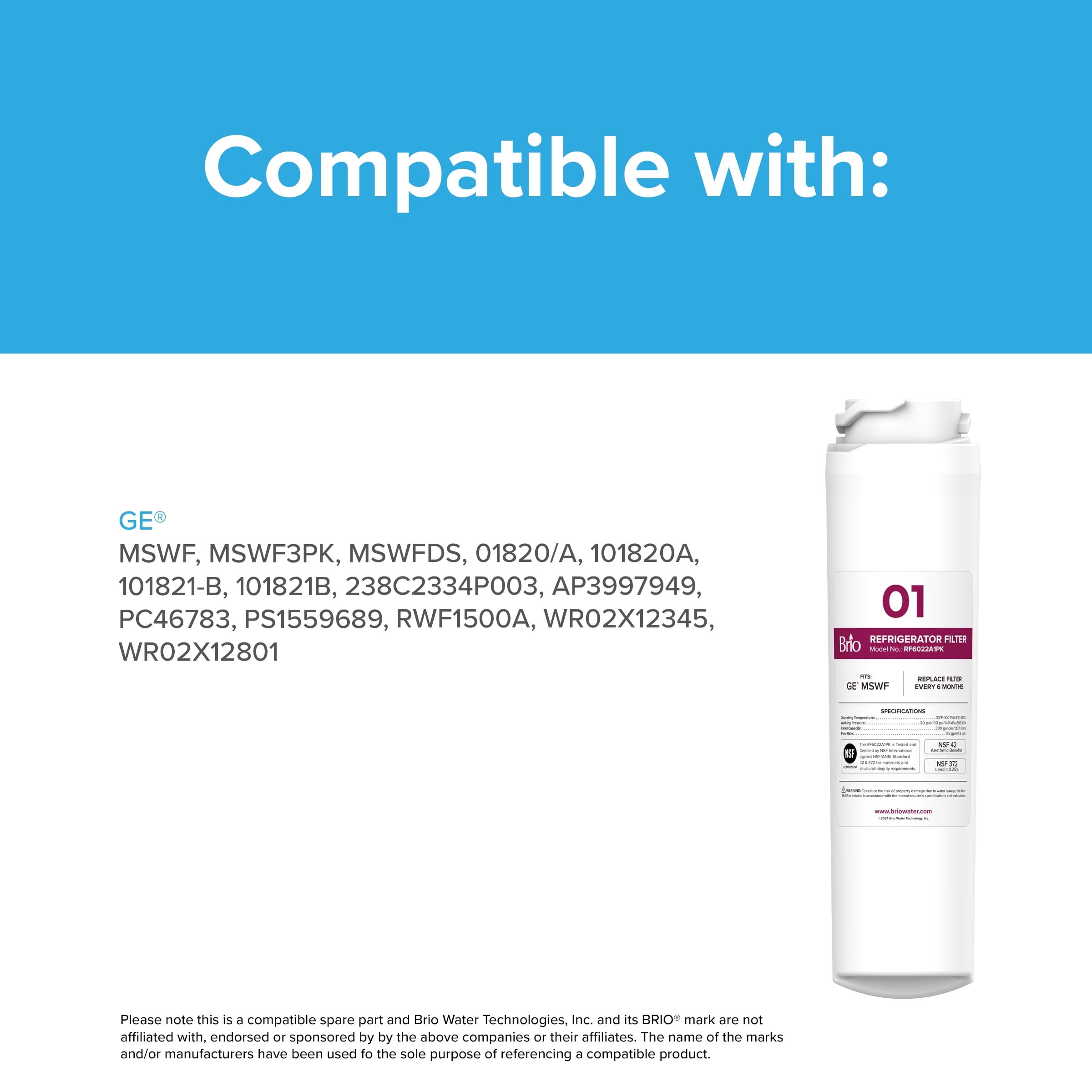 Brio 6022A Refrigerator Water Filter Replacement Compatible With GE MSWF, 101820A, 101821B, RWF1500A