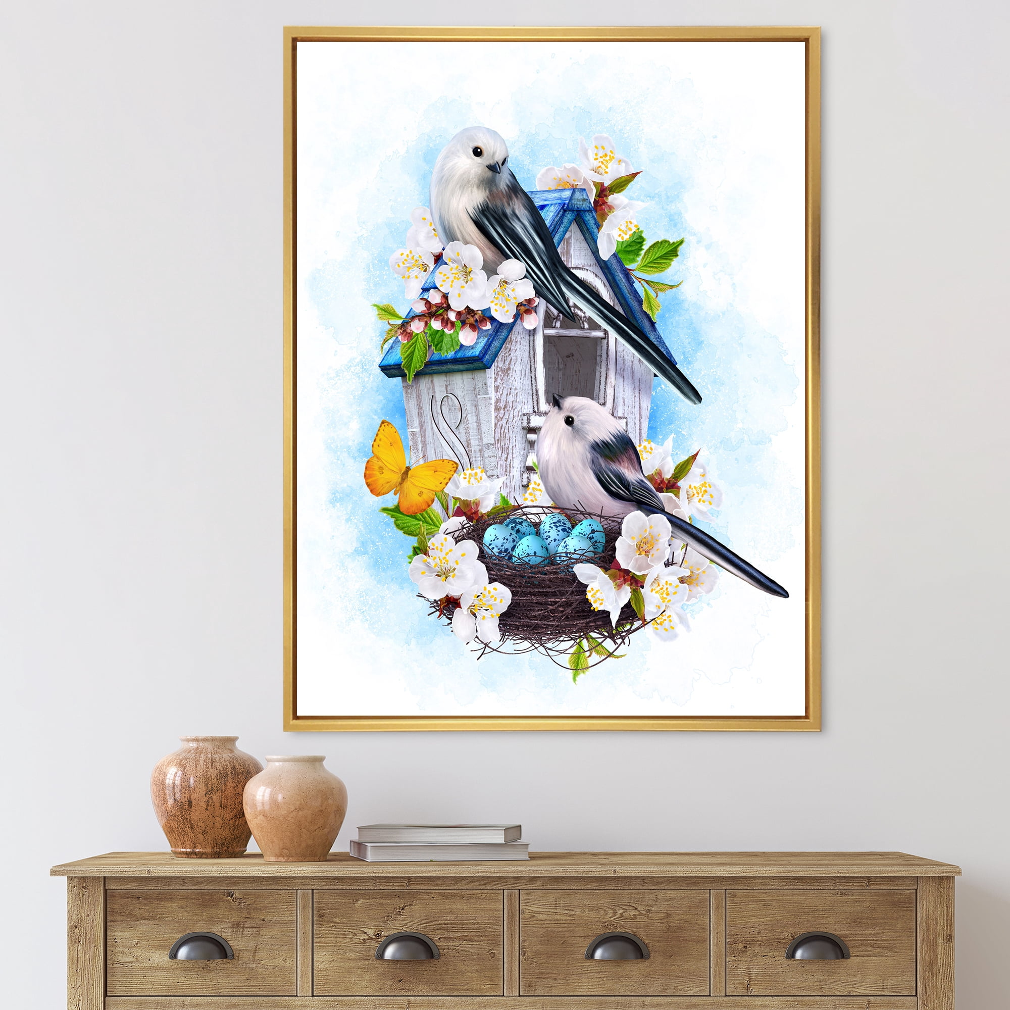 Designart 'Two Tit Birds Sitting Near The Nest With Eggs and White Flowers II' Traditional Framed Canvas Wall Art Print