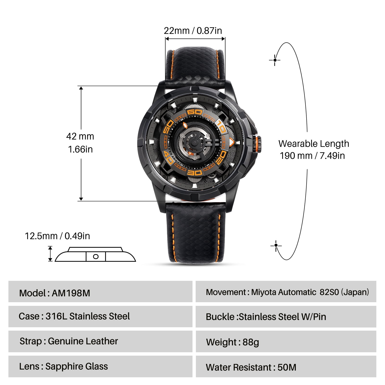 BERNY Mens Skeleton Automatic Watch, Luxury Fashion Self Winding Mechanical Watch with Leather Strap, Exhibition Caseback, Sapphire Crystal, Luminous 50M Waterproof Watches for Mens Gifts (Balck)