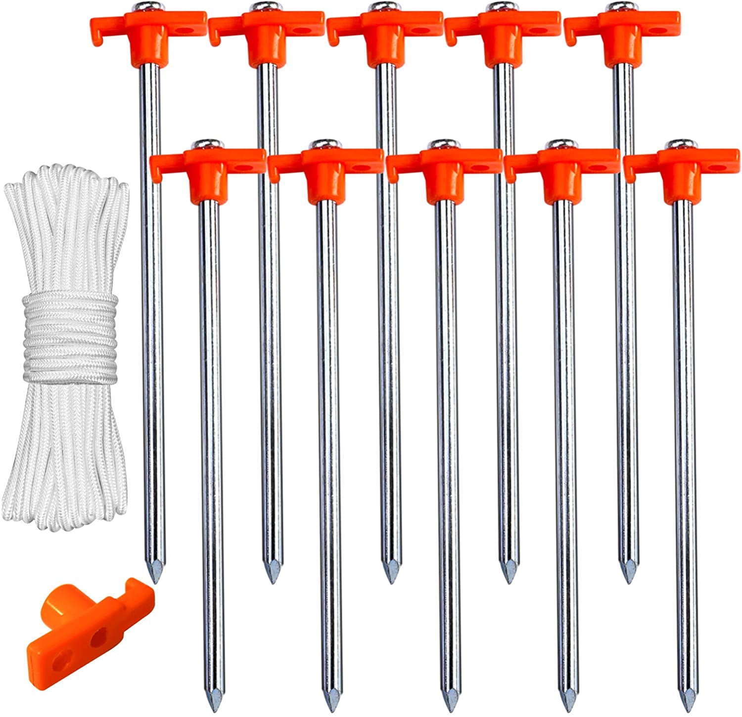 HRTGFD-11 Inch Tent Stakes 10 Pcs Non-Rust Metal Ground Anchors, Heavy Duty Spikes with 4 Ropes for Outdoor Camping, Orange