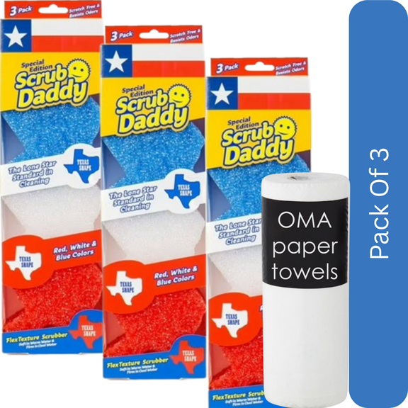 Scrub Daddy Texas-Shaped Cleaning Sponges – Red, White & Blue (3 Count)-3pk, With Paper Towel By OMA