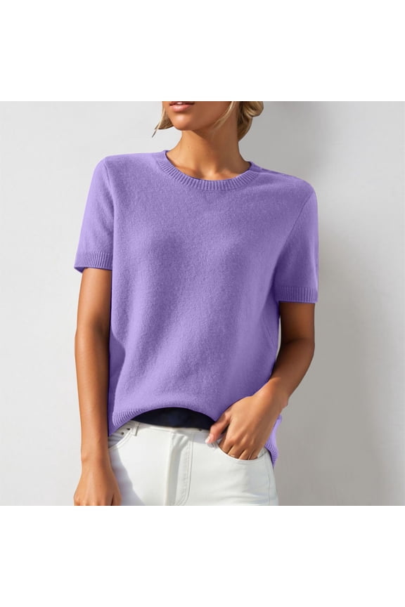 Short Sleeve Sweaters for Women Wool Blend Crew Neck Sweater Shirts Business Casual Work Tops 2026 Summer Tops Purple XL