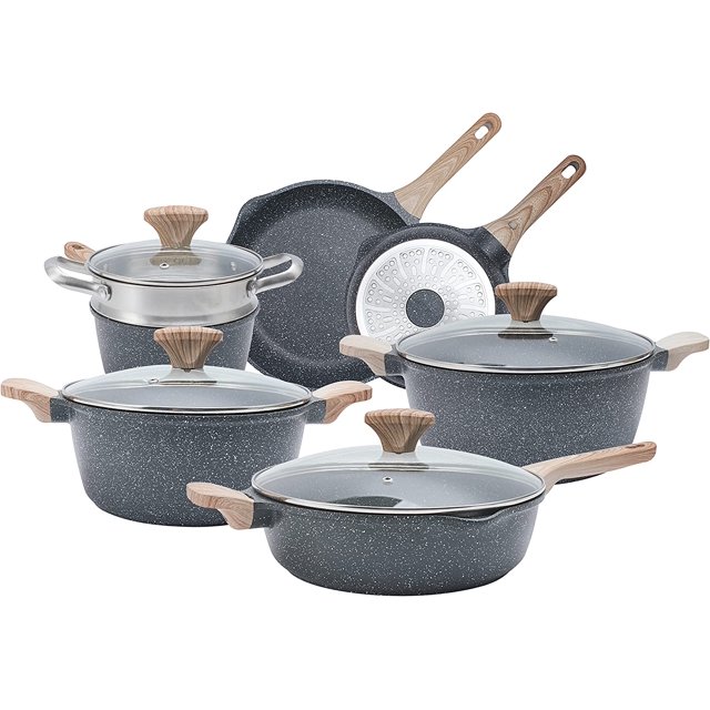 Country Kitchen Nonstick Induction Cookware Sets - 11 Piece Nonstick Cast Aluminum Pots and Pans with BAKELITE Handles - Induction Pots and Pans with Glass Lids - Grey