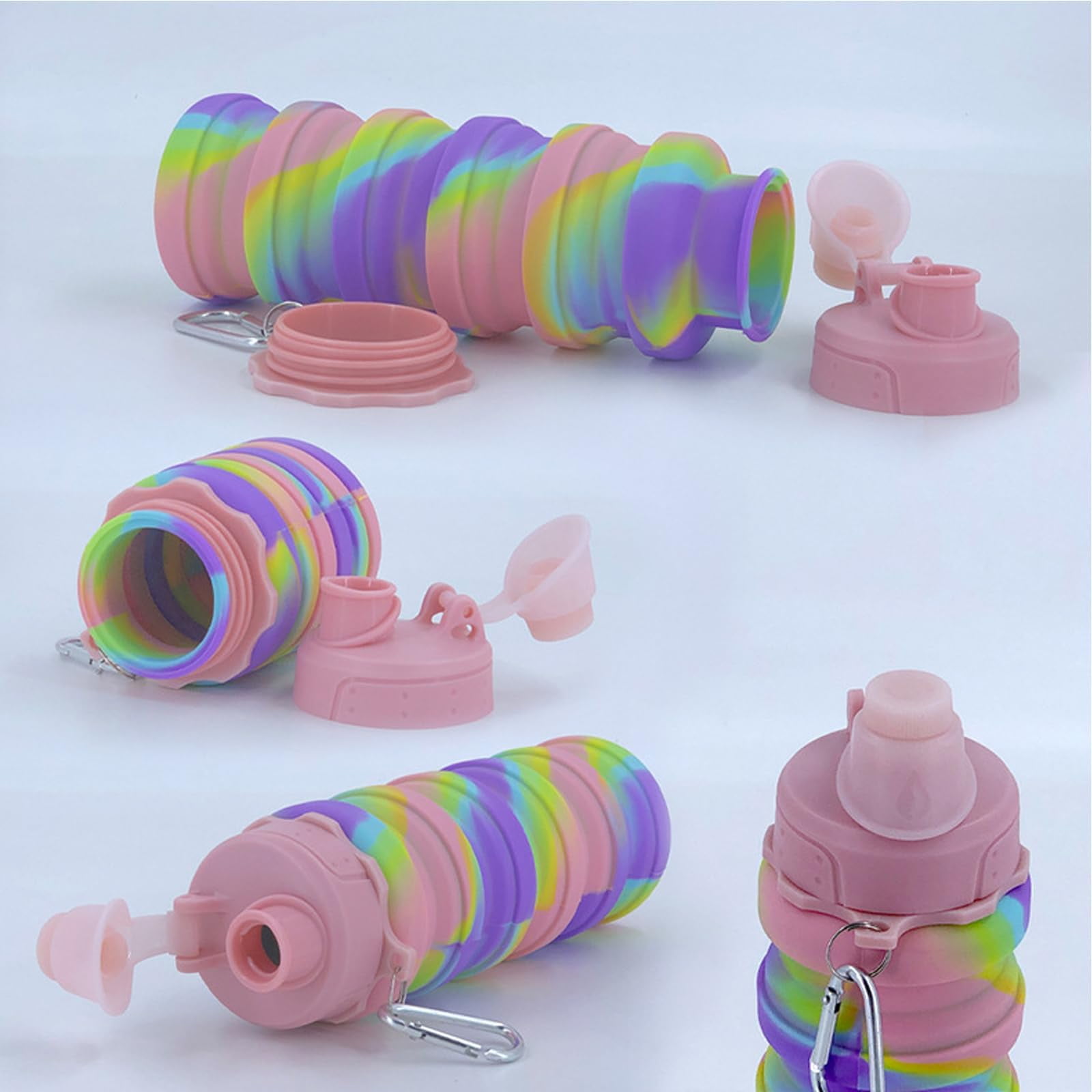Collapsible Water Bottles Two Pack Travel Sports Portable Sport Water Bottle comes with mountaineering Buckle 500ml silicone Water-proof camping water bottle (Purple and Grey Color)