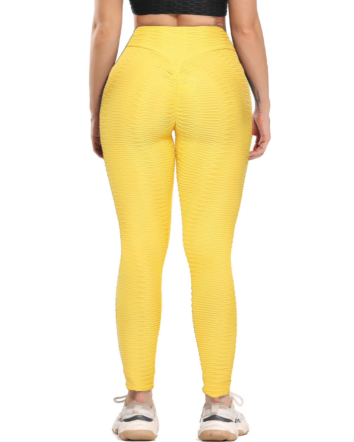 SEASUM Women's High Waist Yoga Butt Leggings Textured Workout Running Pants  Sports Slimming Tights Yellow XL