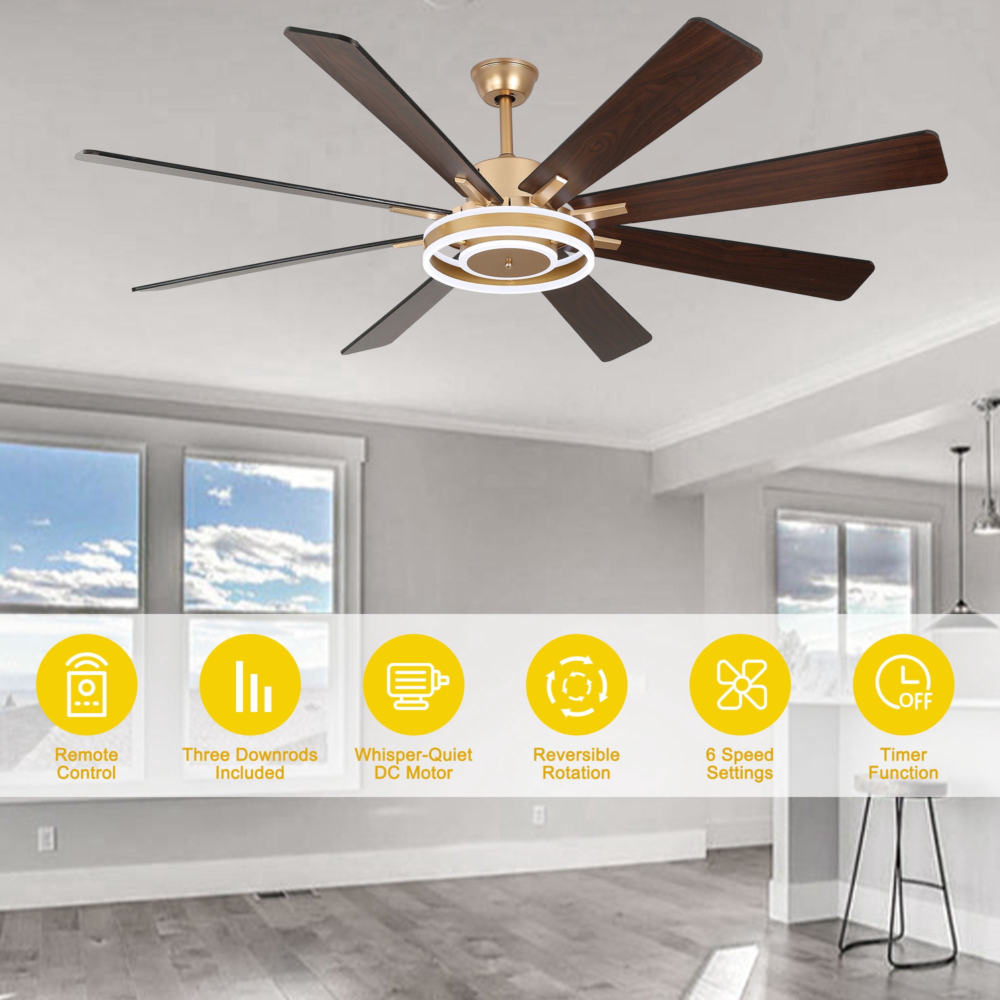 Chords Attic 72" Reversible 8-Blade Ceiling Fan with LED Lights, Remote 3-Color, 6-Speed and Timer