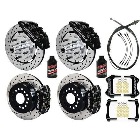WILWOOD DYNAPRO FRONT & REAR BIG BRAKE COMBO, 12.2 DRILLED FRONT & REAR, BLACK CALIPERS, FREE PARKING BRAKE CABLE, BRAKE LINES & FLUID - For 1970-1973 FORD MUSTANG WITH 2.50 OFFSET AXLE