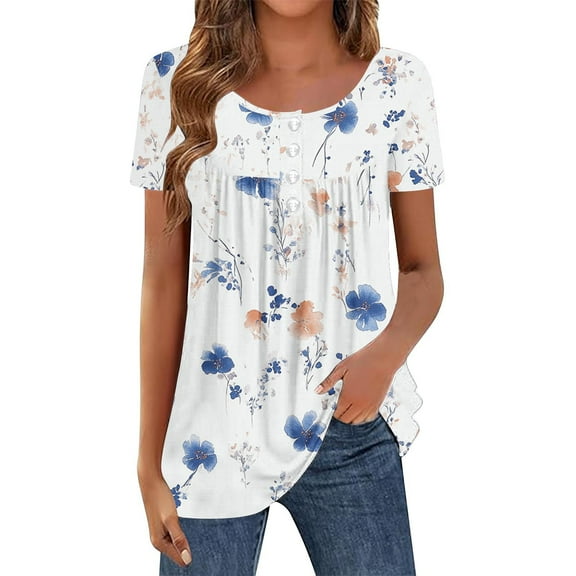 QUNYINEY Tops for Women Trendy Crew Neck Floral Casual Short Sleeve Shirts Pullover Loose Pleated Button Tops