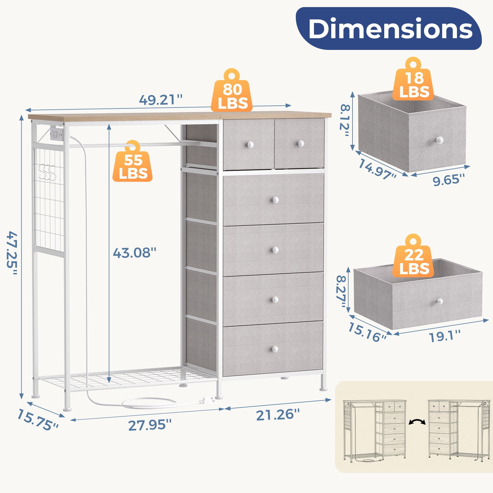 CONCETTA Dresser for Bedroom with Hanging Rack 6 Drawers Dresser, LED Lights & Charging Station, Wooden Top, Grid Panel, Light Gray