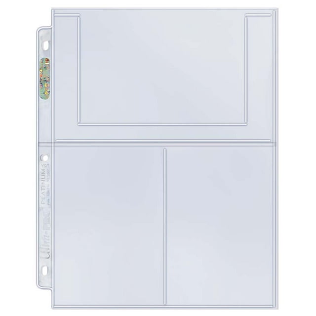 Ultra PRO Page Platine à 3 Pochettes pour Photos 4 X 6, Page Transparente en Polypropylène Non PVC Sécuritaire pour l'Archivage avec Trois Pochettes pour Cartes à Collectionner, Cartes Postales et Photos, Reliure standard à 3 Anneaux à 3 Trous Perforée, avec Sceau Holographique Ultra PRO sur la Colonne Vertébrale, Fabriquée en Californie, Convient à l'Organisation de Souvenirs de Collection.