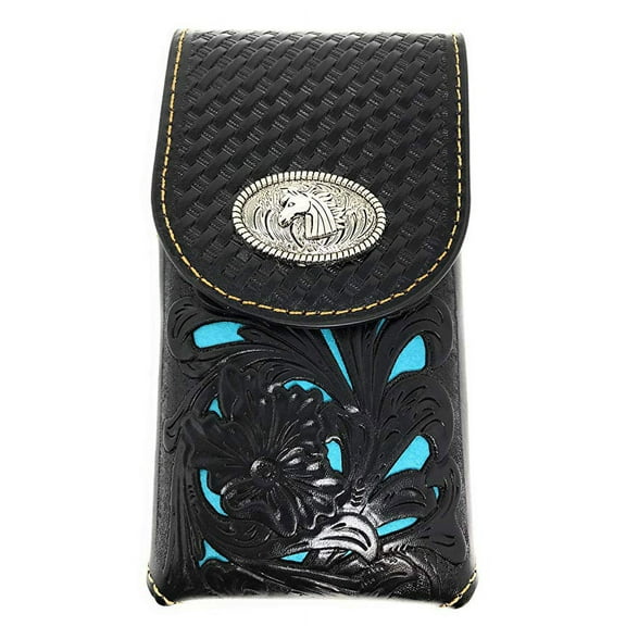 Texas West Western Cowboy Tooled Floral Leather Horse Concho Belt Loop Medium Cell Phone Holster Case