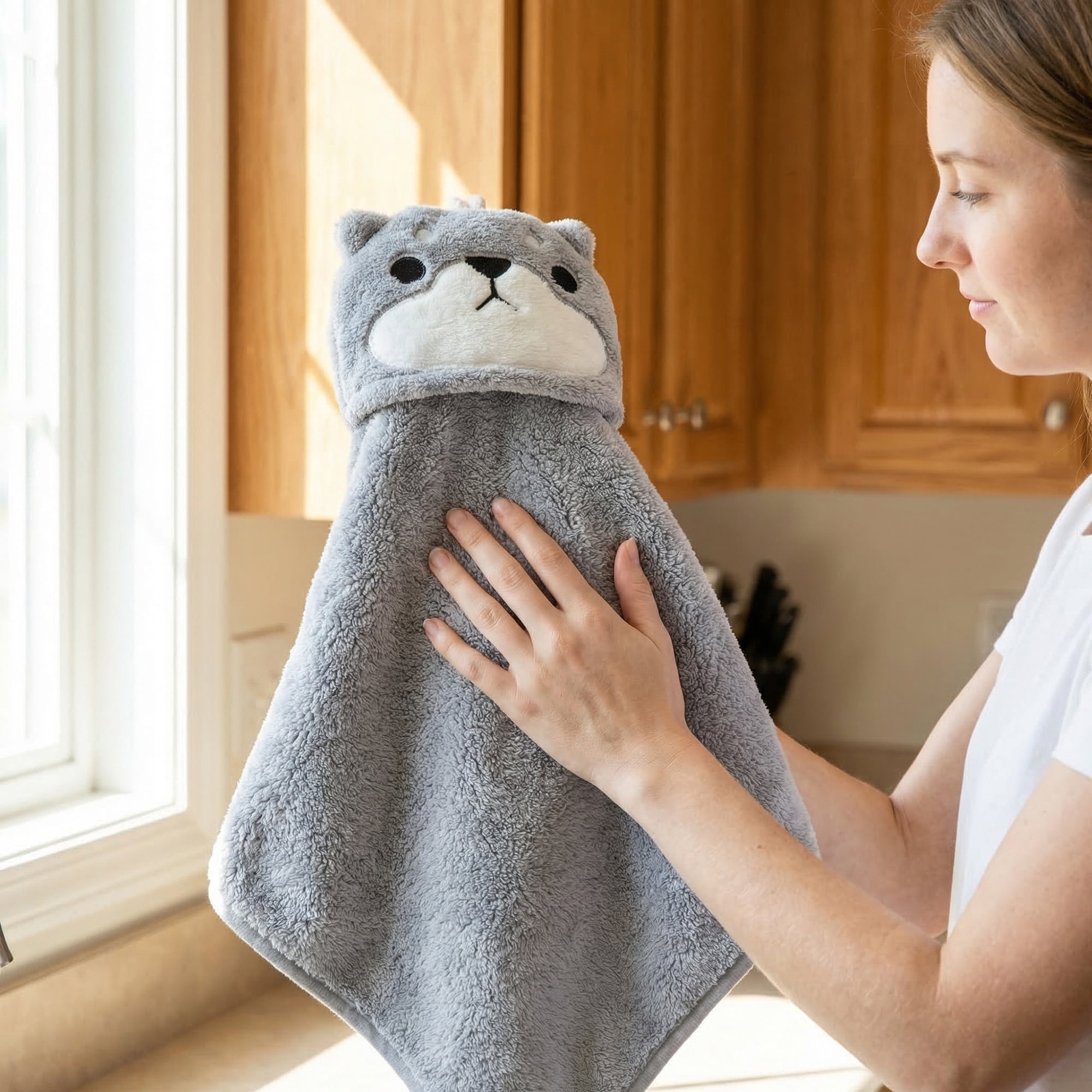 Unique Bargains Animal Hanging Soft Absorbent Hand Towel Grey Shiba Inu 15" x 8"