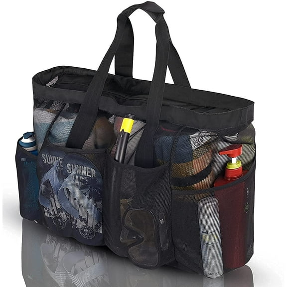 Extra Large Beach Bag Mesh Tote with Zipper and Pockets and 2 Handles for Toiletry, Bathroom, Camp, Gym ，Beach Vacation Essentials
