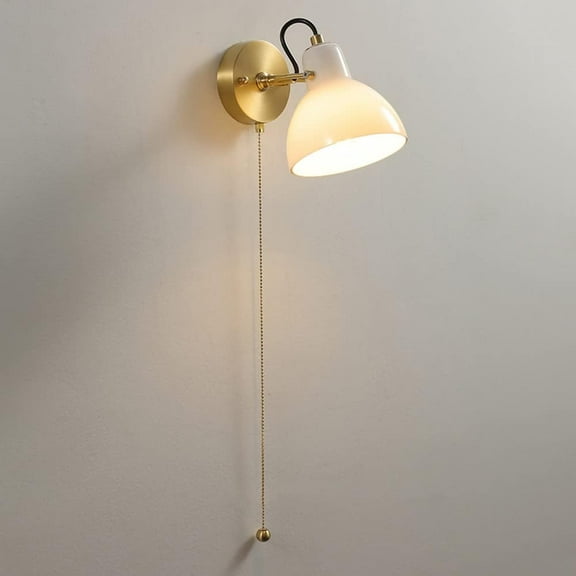 White Glass Wall Sconce Modern Copper Wall Lamp with Pull Chain Switch Indoor Wall Light, Indoor Wall Mount Lighting Fixtures for Bedroom Reading, E14 Headboard Lamps