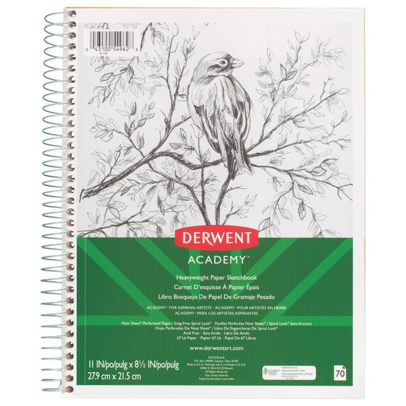 Derwent Academy Heavyweight Paper Sketchbook, Wirebound, 70 Sheets, 11" x 8 1/2" (54011)