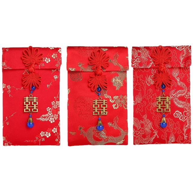 KAKOWELY 3 Pcs Sacs à Enveloppes Rouges Brodés Chinois Style Aléatoire, 6.89"X4.13"X0.2 Pouces
