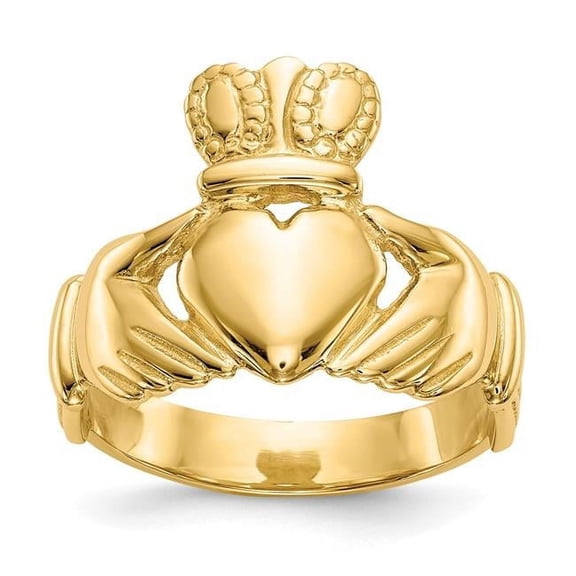Primal Gold 10 Karat Yellow Gold High Polished 10mm Men's Claddagh Ring