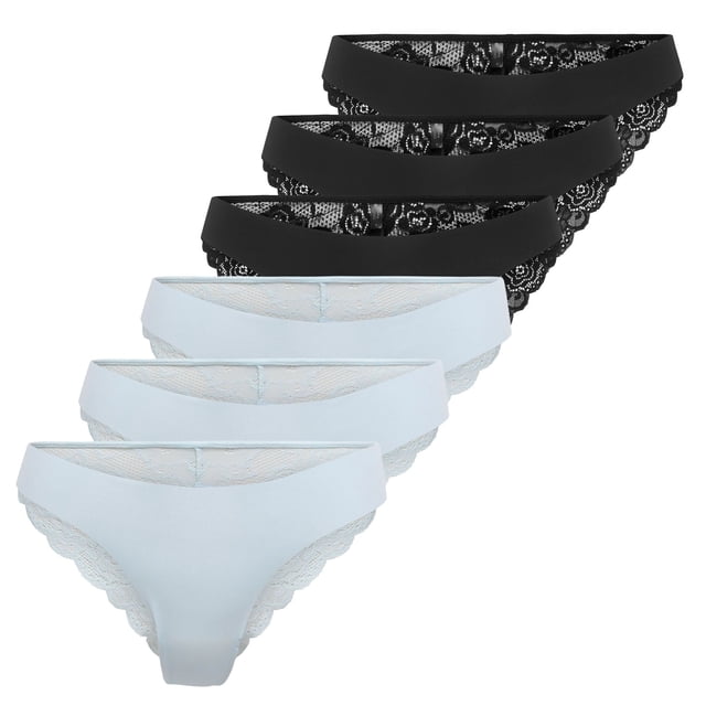 ONLY Braguitas brasileñas para mujer, paquete de 6 - ONLCHLOE LACE BRAZIL, encaje Negro/Azul claro XS (X-Small)