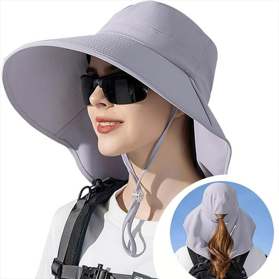 KANCOKIT Women Ponytail Sun Hat with Neck Flap, Wide Brim Beach Cap for Fishing Hiking Camping, Gray