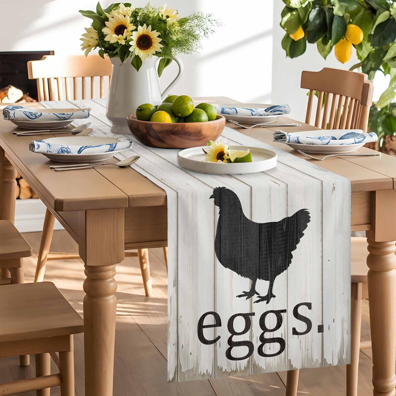 Farmhouse Abstract Chicken Eggs Table Runner 90 Inches Long, Vintage Wood Grain Table Runners Tabletop Scarf Kitchen Dining Tables Decoration for Home Party Indoor Outdoor
