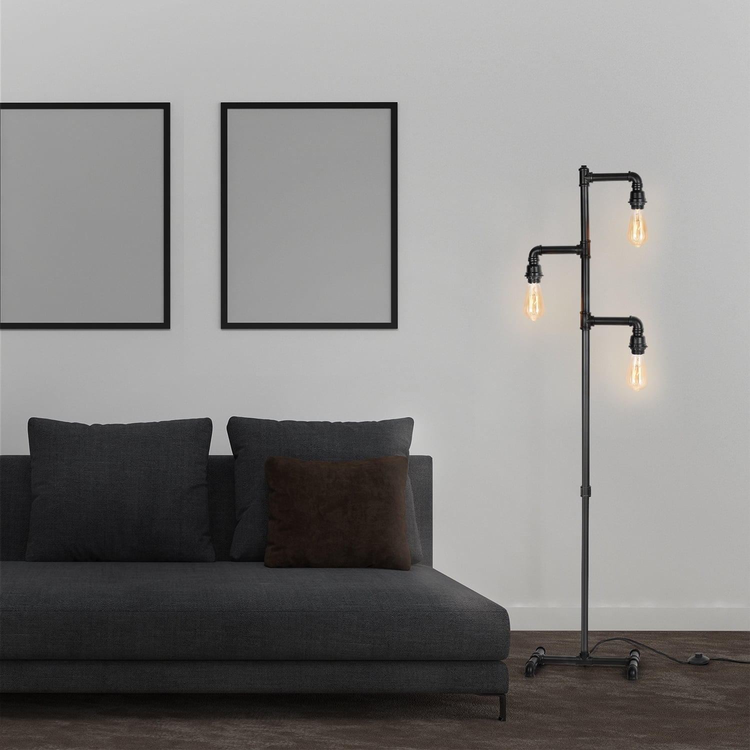 Industrial Tree Floor Lamp with 3 Adjustable Rotating Lights, E26 Edison Bulb Floor Lamp for Living Room, Bedroom, Home, Office(Bulb not Included) (Black)