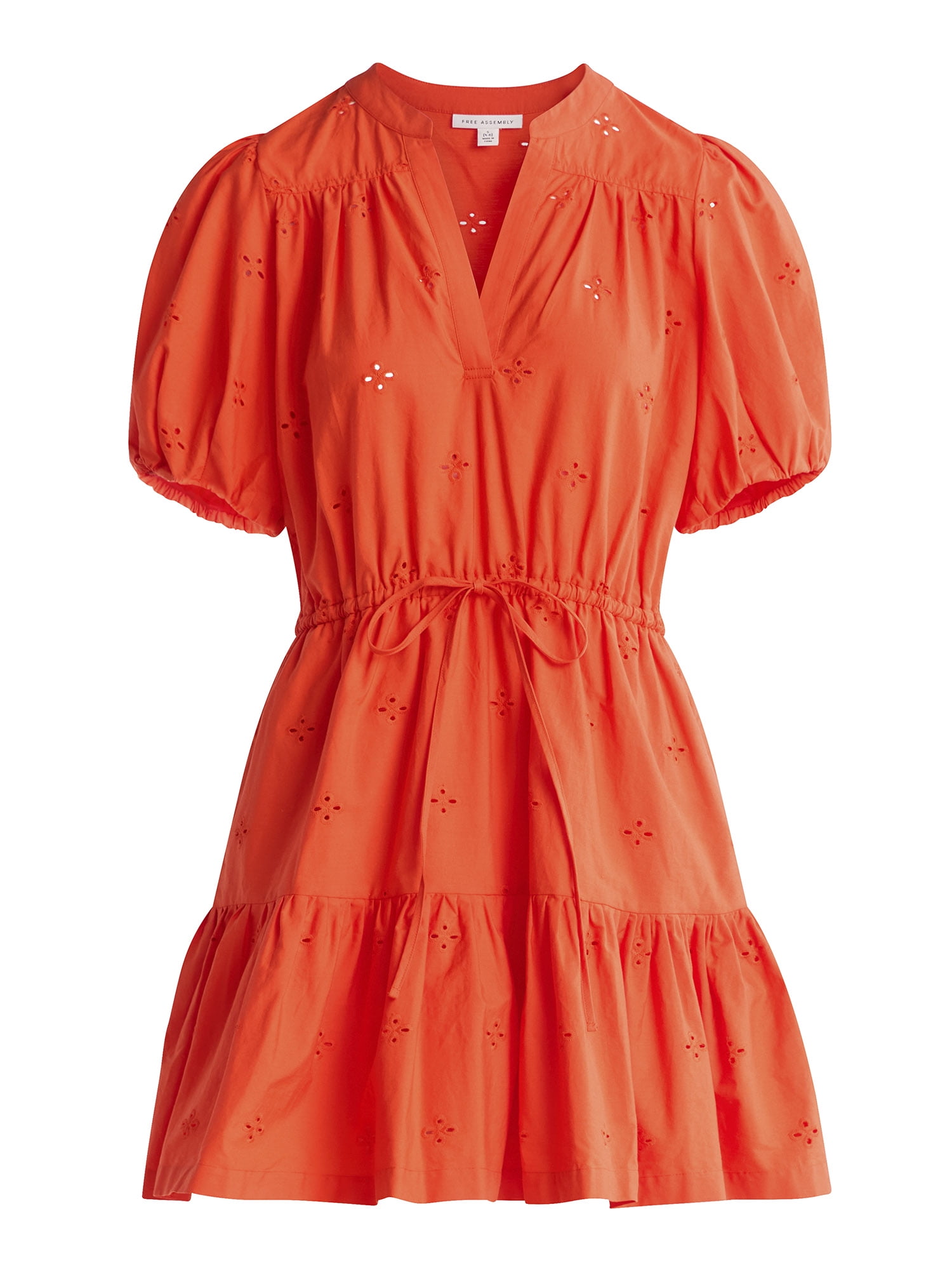 Free Assembly Women's and Women's Plus Cotton Eyelet Tiered Mini Dress with Puff Sleeves, Sizes XS-4X