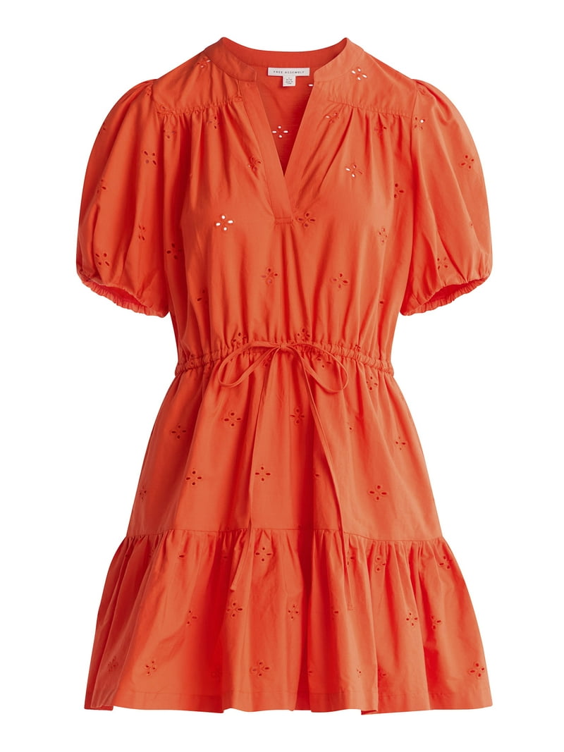Free Assembly Women's Cotton Eyelet Tiered Mini Dress with Puff Sleeves  Sizes XS-4X - Walmart.com